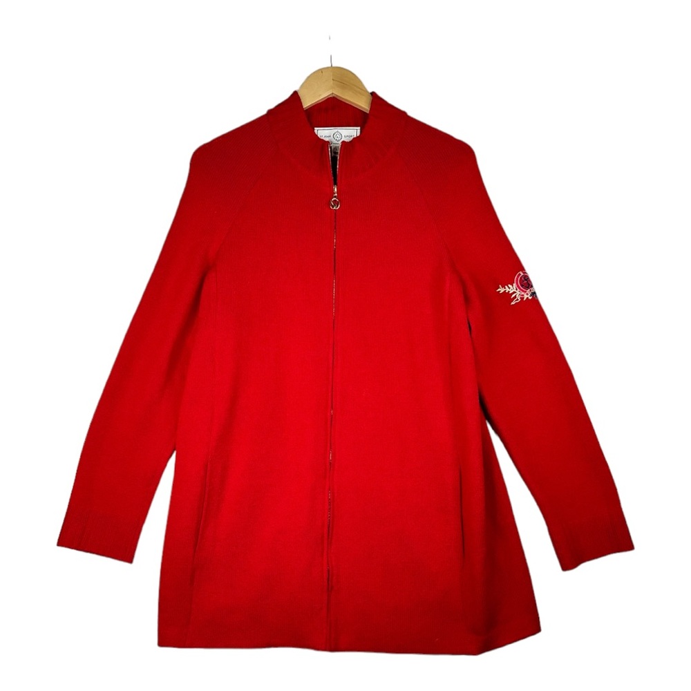 St. John Wool Blend Front Zip Cardigan sz LG Red‎ AS IS